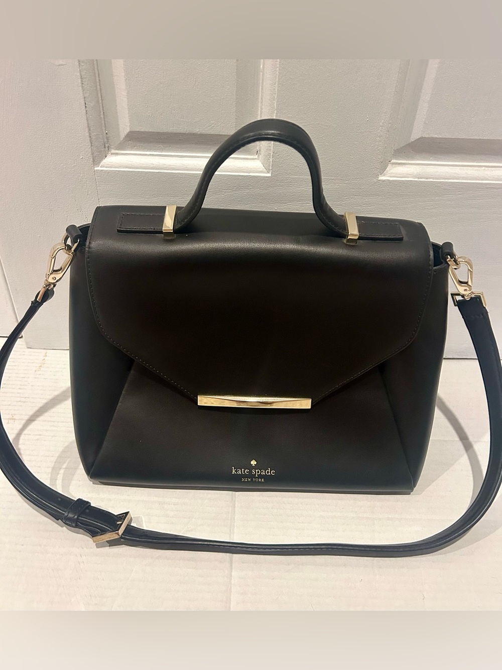 kate spade Black Leather Structured Top-Handle Satchel with Gold Hardware